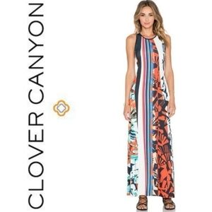 CLOVER CANYON Black Red White Ink Strokes and Stripes Print Stretch Maxi Dress S